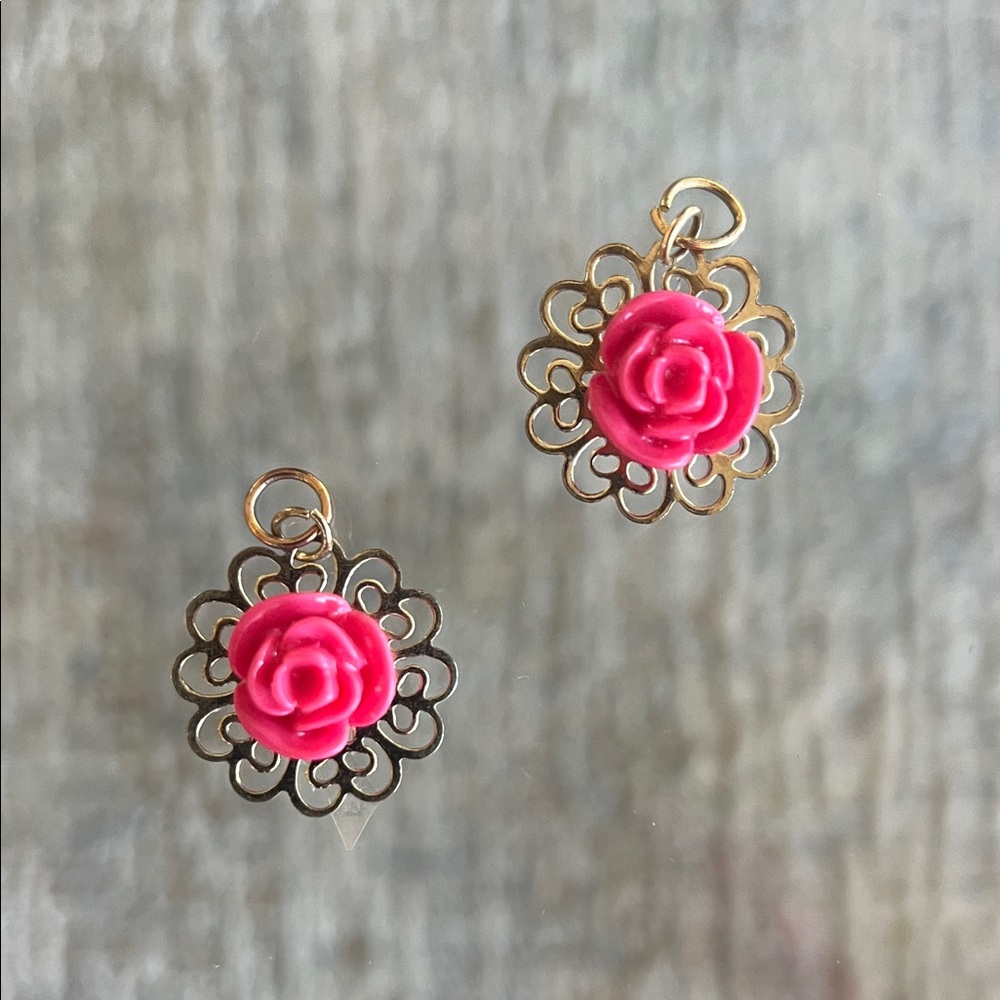 Vintage Pink Rose Earrings Charms